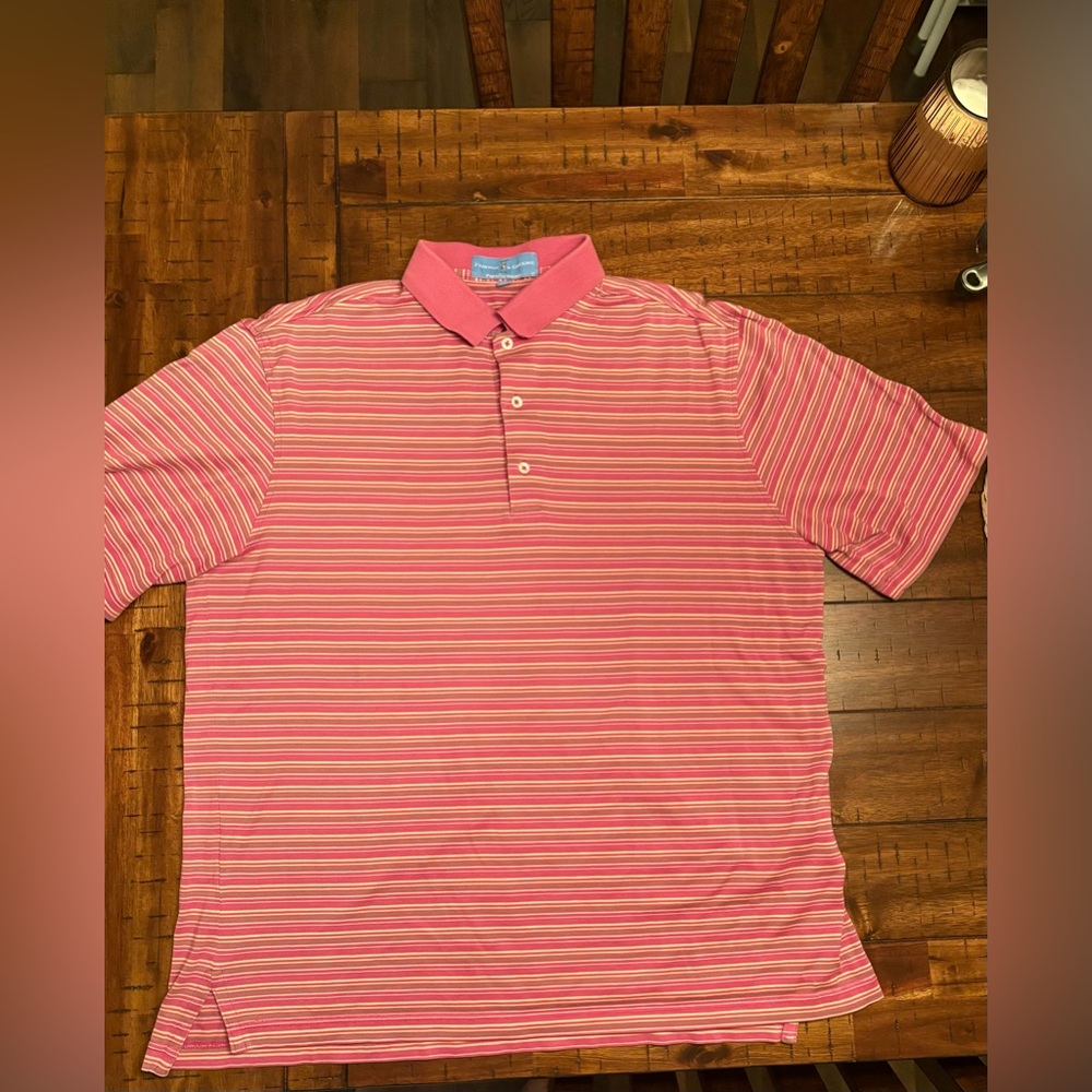 Men’s Large Fairway & Greene Pink and White Striped Polo Shirt - Fresh style